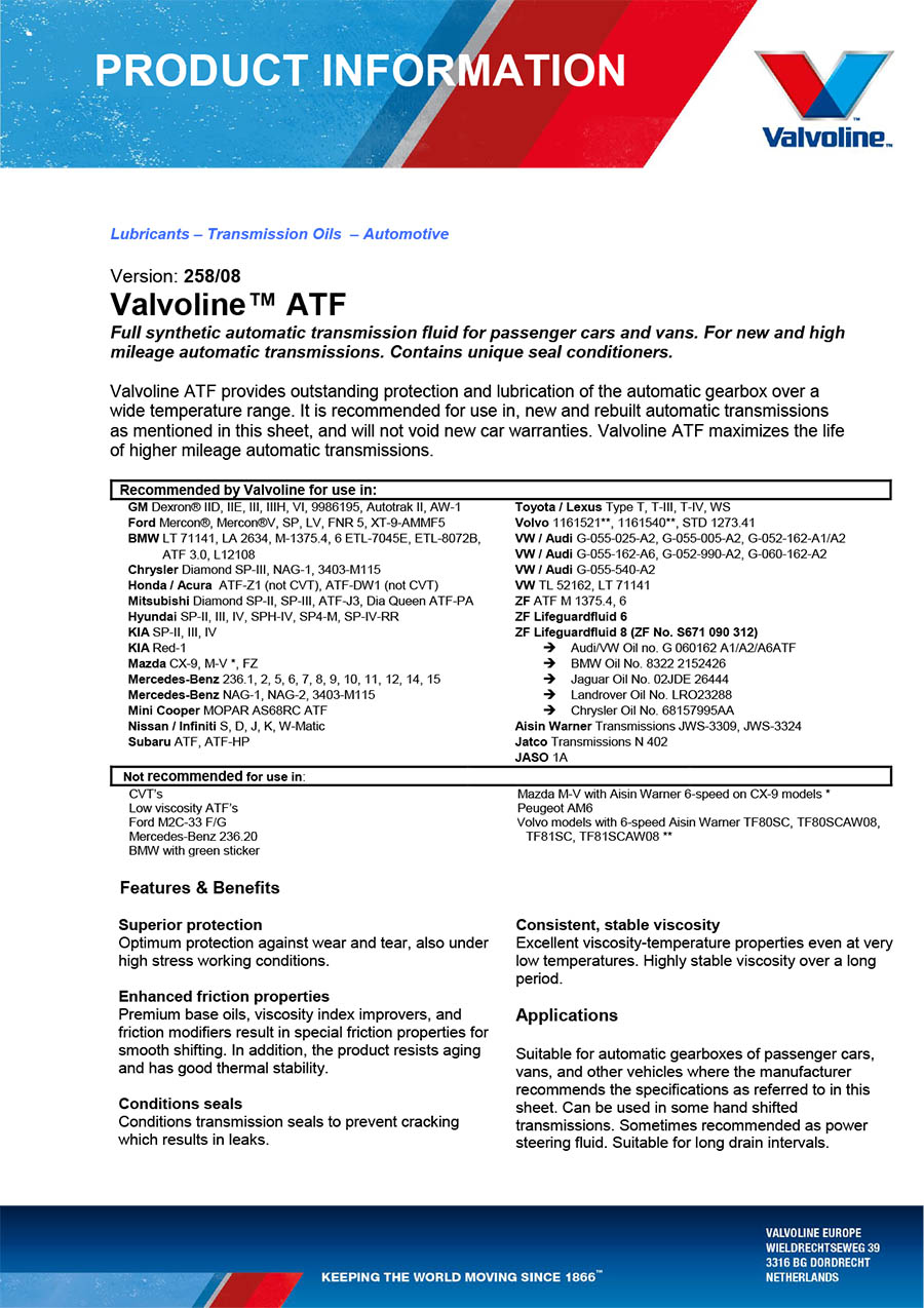 روغن گیربکس والوولاین مدل ATF پنج لیتری – Valvoline ATF