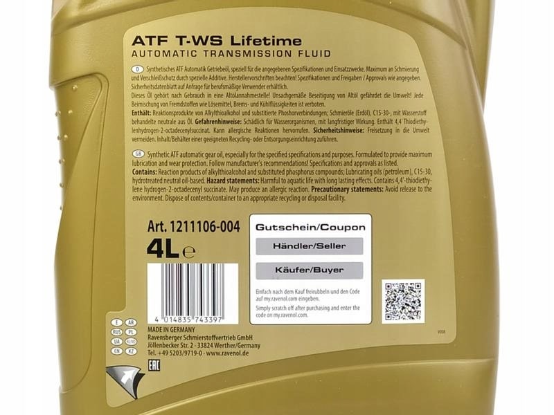 روغن گیربکس ATF T-WS Lifetime (AW-1) راونول – RAVENOL